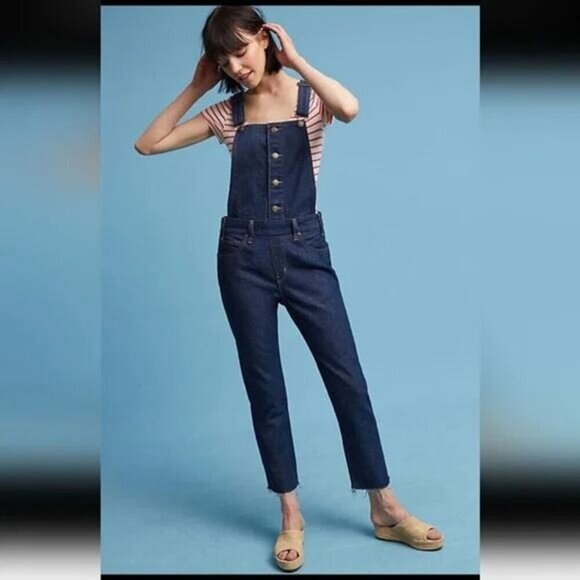 LEVI'S Orange Tab Overalls Jumpsuit Sz 25 Blue Raw Fringe Hem - Picture 2 of 14